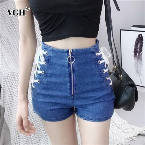 Vgh Summer Sexy Blue Women Shorts Zipper Bandage Bow High Waist Slim Hem Womens Shorts Fashion