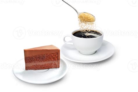 Spoon Pouring Granulated Sugar Into Coffee Mug With Chocolate Cake Front View Isolated Png