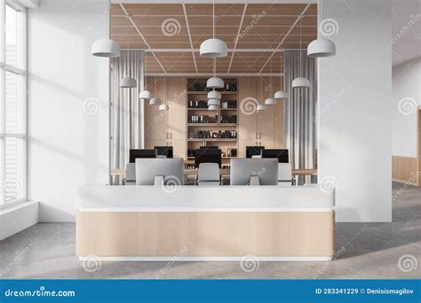 Office Room Interior With Reception Desk And Workspace Near Panoramic Window Stock Illustration