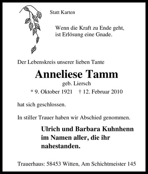 Traueranzeigen Von Anneliese Tamm Trauer In NRW De