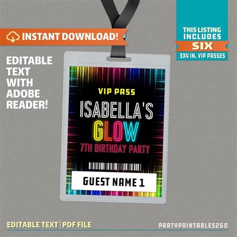 Neon Glow Party Pass Iv Printable Insert Neon Glow Party Vip Pass