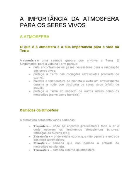 A Importância Da Atmosfera Para Os Seres Vivos Pdf Poluição Do Ar Atmosfera