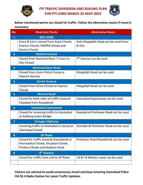 Islamabad Traffic Plan For May Incpak