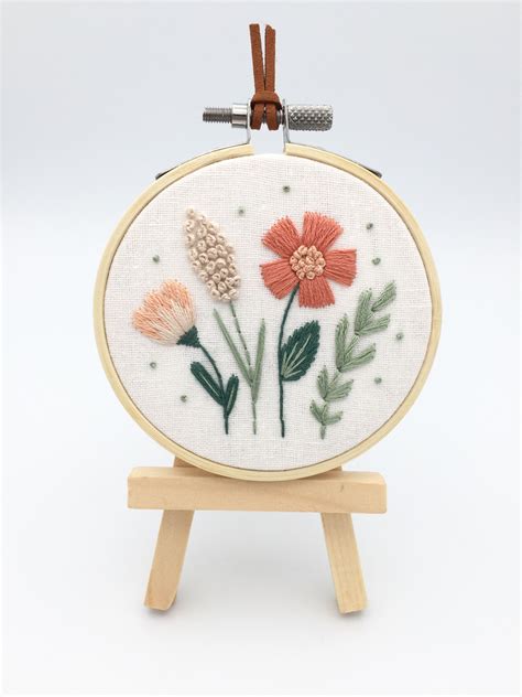 Flower Embroidery Hoop Coral And Pink Wildflowers Cross Etsy