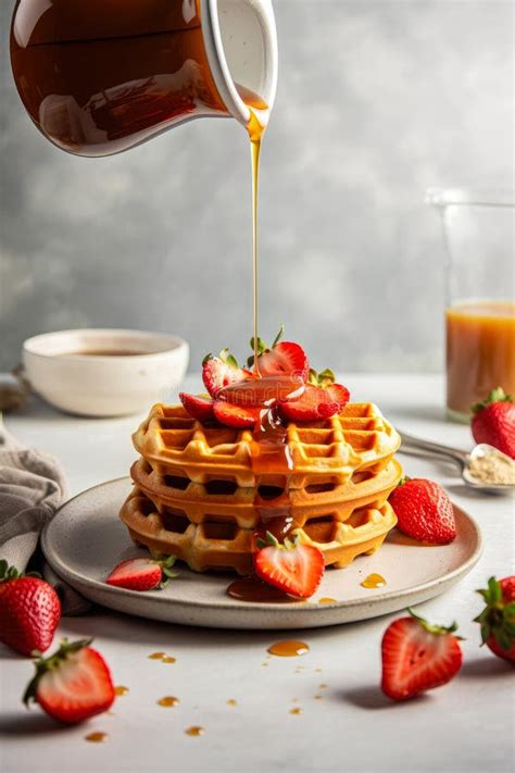 Caramel Pouring From Jar On Traditional Belgian Waffles With