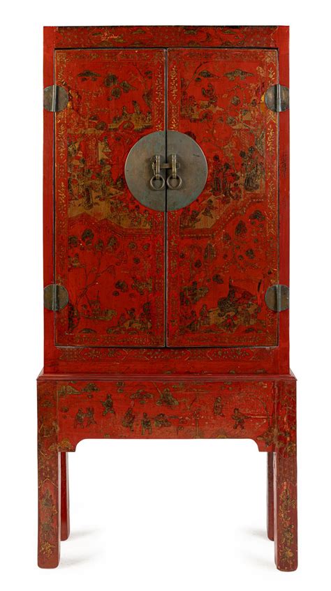 Lot A Chinese Red Lacquer Cabinet On Stand