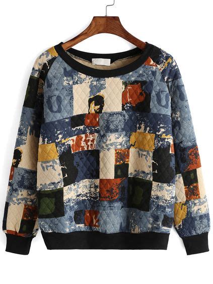 Multicolor Abstract Patchwork Plaid Print Round Neck Pullovers Long