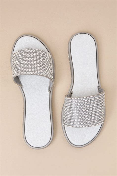 Silver Rhinestone Sandals Slide Sandals Flat Slide Sandals Lulus