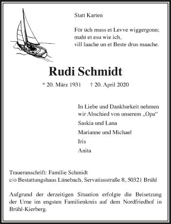 Traueranzeigen Von Rudi Schmidt WirTrauern