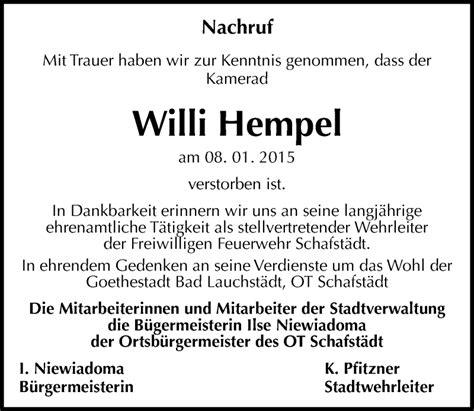 Traueranzeigen Von Willi Hempel Abschied Nehmen De