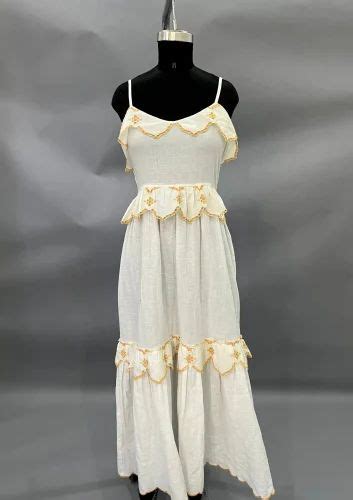 Plain White Calf Length Tiered Dress With Smocking Effect On Back Waist