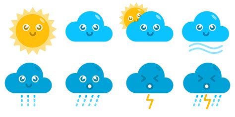 Weather Sun Cloud Wind Rain Thunder Cute Kawaii Cartoon Vector Concept