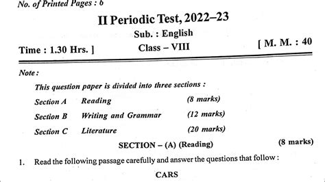 Class 8 ENGLISH PT 2 Sample Question Paper Of PERIODIC TEST 2 For