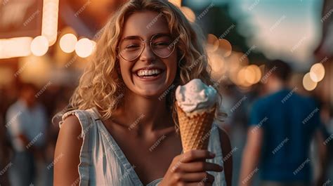 Premium Ai Image A Woman Holds An Ice Cream Cone In Summertime