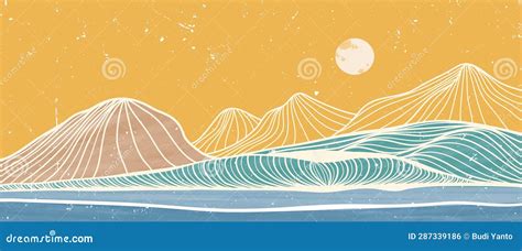 Ocean Wave and Mountain Illustration Art Painting. Abstract ...