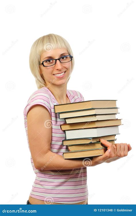 Mujer Joven Con La Pila De Libros Foto De Archivo Imagen De