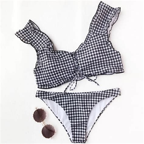 Women New Frilled Gingham Lace Up Bralette Bikini Set Sexy Low Waisted