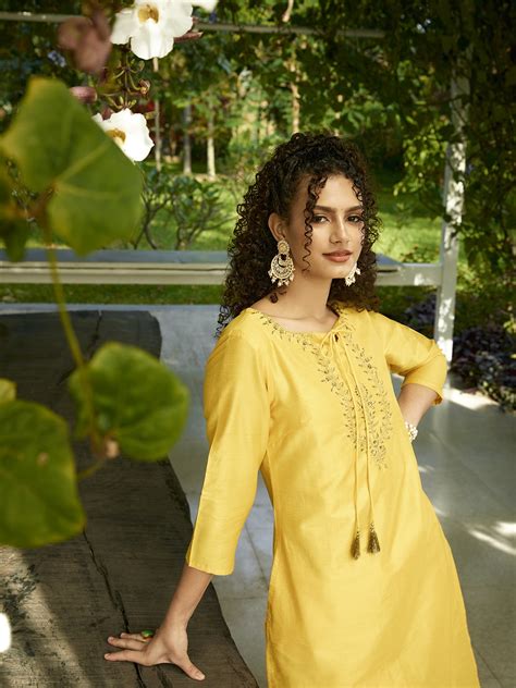 Buy Sangria Women Yellow Ethnic Yoke Design Kurta With Trousers Kurta Sets For Women 19026422