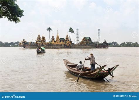 People Cross Yangon River By Boat For Pray At Ye Le Paya Pagoda The