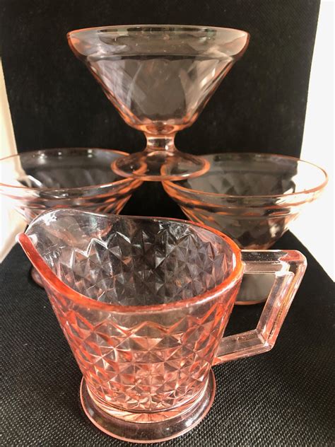 Set Of Pink Depression Glass Creamer And 3 Parfait Cups Diamond Quilted Pattern Etsy