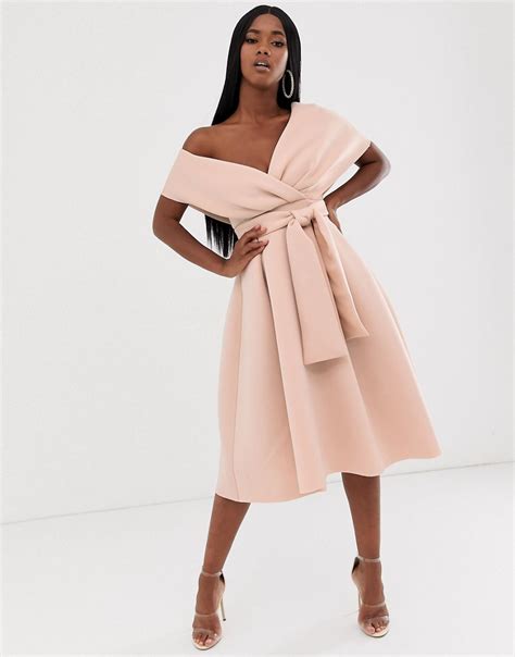 Fallen Shoulder Midi Prom Dress With Tie Detail Asos Design