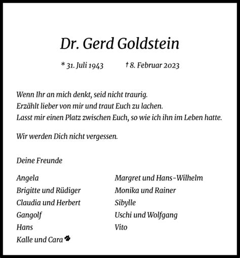 Traueranzeigen Von Gerd Goldstein WirTrauern