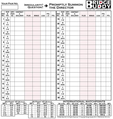 Individual Bridge Score Sheets