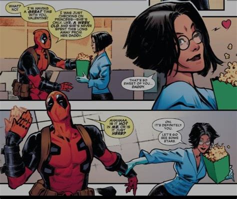 a comic strip with deadpool being watched by a woman