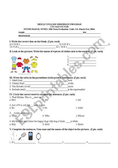 Interchange Intro Units 1 8 Test Esl Worksheet By Favd21