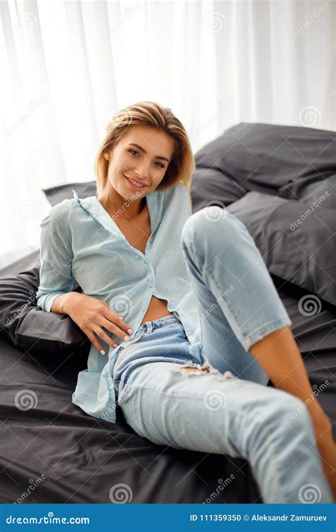 Natural Pretty Blonde Sitting On Bed Stock Photo Image Of Blonde