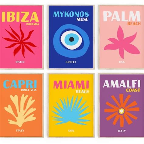 Preppy Room Decor Travel Poster Set Of 6 Maximalist Decor Etsy