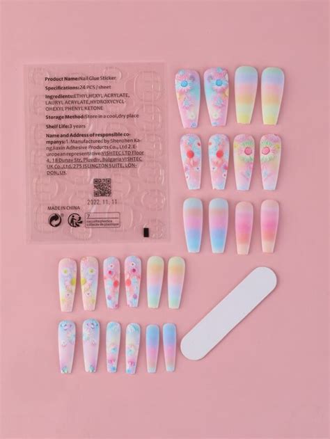 Transform Your Nails With 24pcs Long Coffin Iridescent Candy Color Ombre Matte Daisy Floral