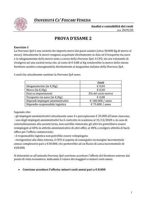 Prova d esame ACC 2019 2020 1 UNIVERSITÀ CA FOSCARI VENEZIA Analisi