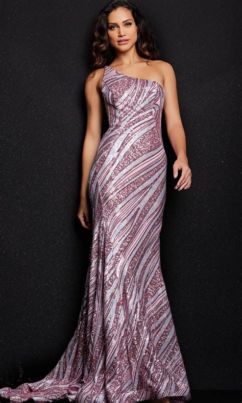 One Shoulder Long Sequin Print Prom Dress With Train