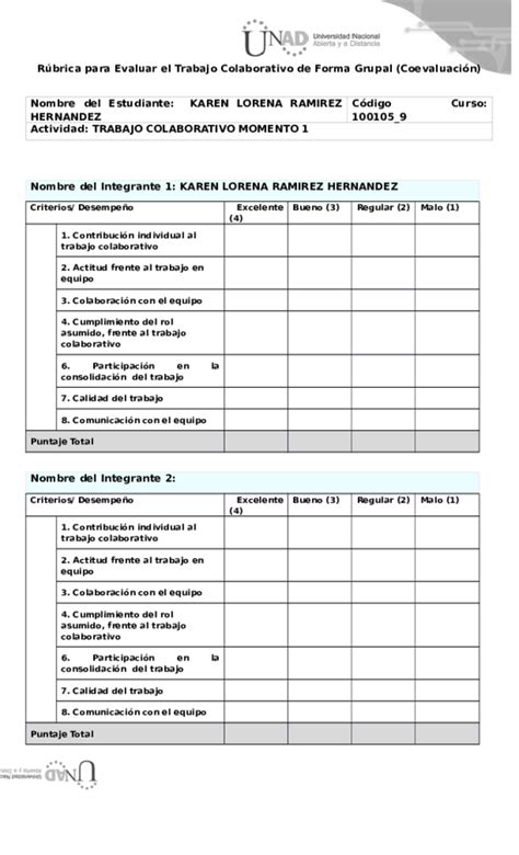 Doc Rúbrica Para Evaluar El Trabajo Colaborativo De Forma Grupal Coevaluación Nombre Del