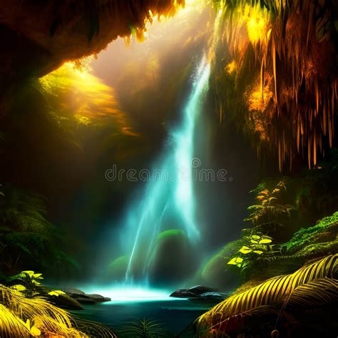 Waterfall In The Garden Of Eden Depiction Stock Illustration