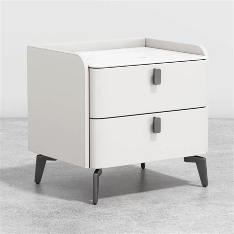 Modern White Nightstand With Drawers And Stone Top Faux Leather