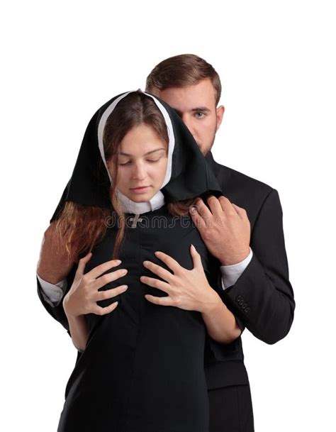 Handsome Young Priest And Nun Isolated On A White Background Religion