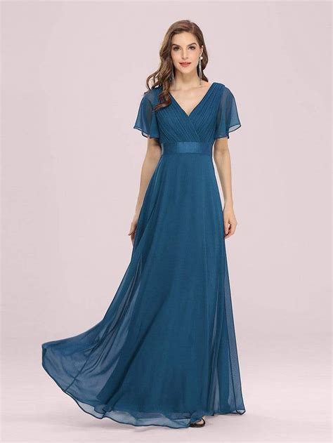 Long Empire Waist Bridesmaid Dress With Short Flutter Sleeves Empire Waist Evening Dress