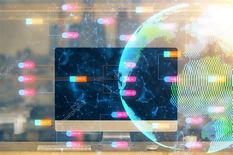 Multi Exposici N De La Tabla Con El Holograma De La Computadora Y Del