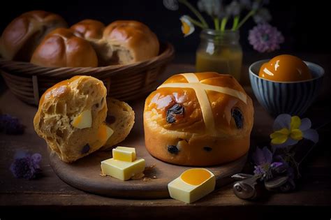 Bollos Cruzados Calientes Con Mantequilla Y Chocolate En Una Mesa De