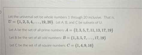 Solved Let The Universal Set Be Whole Numbers 1 ﻿through 20