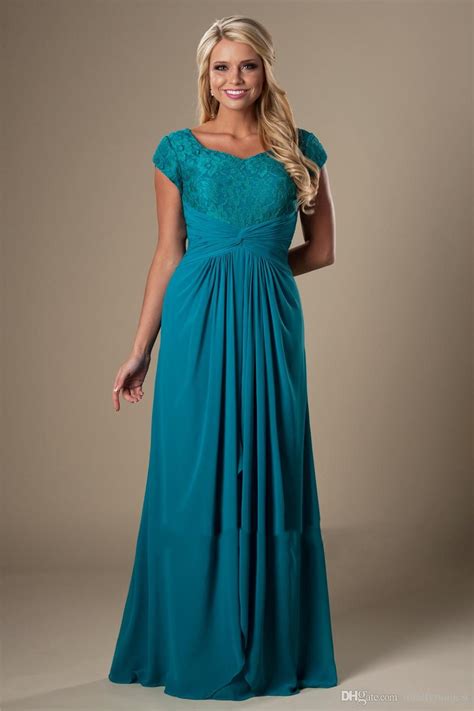 Teal Vintage Lace Chiffon Modest Bridesmaid Dresses With Cap Sleeves Long Floor Temple Wedding