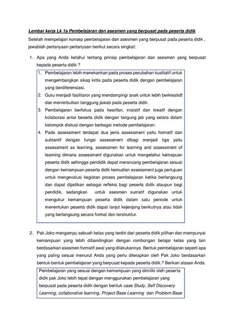 Lembar Kerja Lk 1a Pembelajaran Dan Asesmen Yang Berpusat Pada Peserta Didik Apa Yang Anda