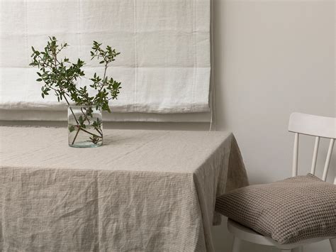 Linen tablecloth-Table linens-Washed Linen tablecloth in Natural color with duck egg stripes ...