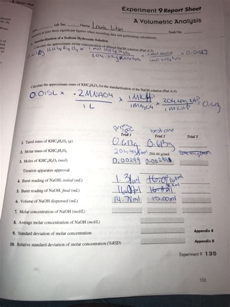 Solved Experiment Report Sheet A Volumetric Analysis Me Chegg