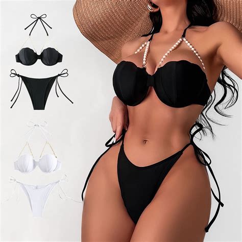 Njoeus Women S Bikini Sets Two Piece Swimsuits Halters Pearls Swimwear