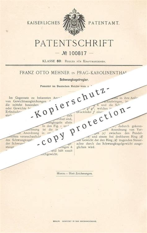 Original Patent Franz Otto Mehner Prag Karolinenthal 1897