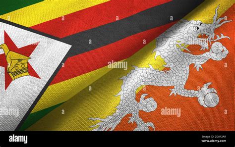 Zimbabwe And Bhutan Two Flags Textile Cloth Fabric Texture Stock Photo