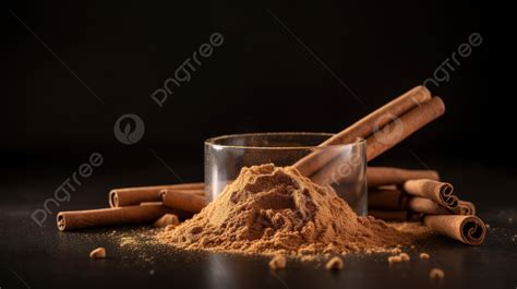 Cinnamon Sprinkles And Sticks In Glass On Dark Background Cinnamon